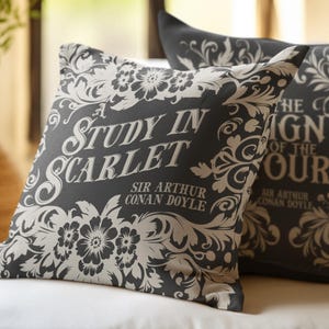 Sherlock Holmes Double-Sided Pillow Cover, A Study in Scarlet & The Sign of the Four Ornate Book Cover Style, Literary Home Decor, Book Gift