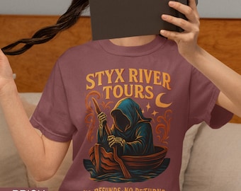 Styx River Tours T-Shirt,  Greek Mythology Tee, Hades Underworld Graphic Shirt, Charon Boatman Design, Dark Humor Mythology Gift