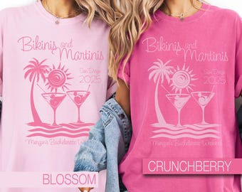 Bikinis & Martinis Custom Bachelorette T-Shirt, Bride Squad Vintage Design, Tropical Martini Personalized Shirt, Beach Party Comfort Colors