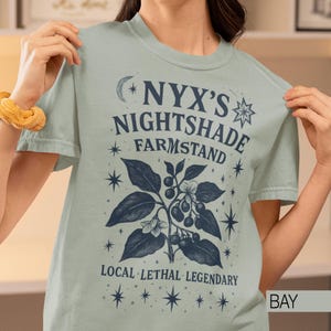 Nyx Nightshade Farmstand T-Shirt, Greek Mythology Tee Plants & Celestial Design, Local, Lethal, Legendary Graphic Shirt, Dark Academia Gift image 4