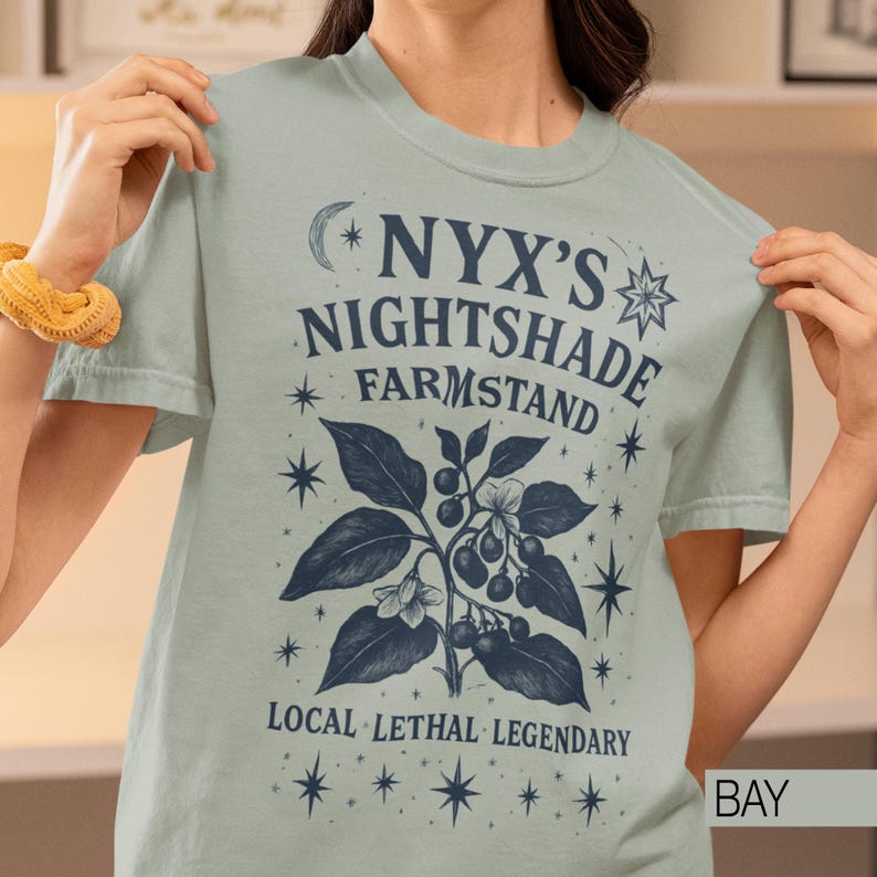 Nyx Nightshade Farmstand T-Shirt, Greek Mythology Tee Plants & Celestial Design, Local, Lethal, Legendary Graphic Shirt, Dark Academia Gift image 4