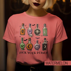 Pick Your Poison Tee, Colorful Potion Bottle Halloween Shirt, Spooky Season Witchy Graphic, Bright Fall Aesthetic T-shirt, Poison Bar Vibes