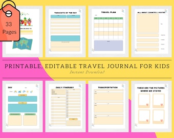 kids travel journal, travel journal, travel journal printable, editable travel journal, vacation journal, kids diary, kids travel diary