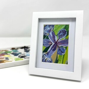 Miniature Iris Gouache Painting: Framed Botanical Art (3x4 inch)