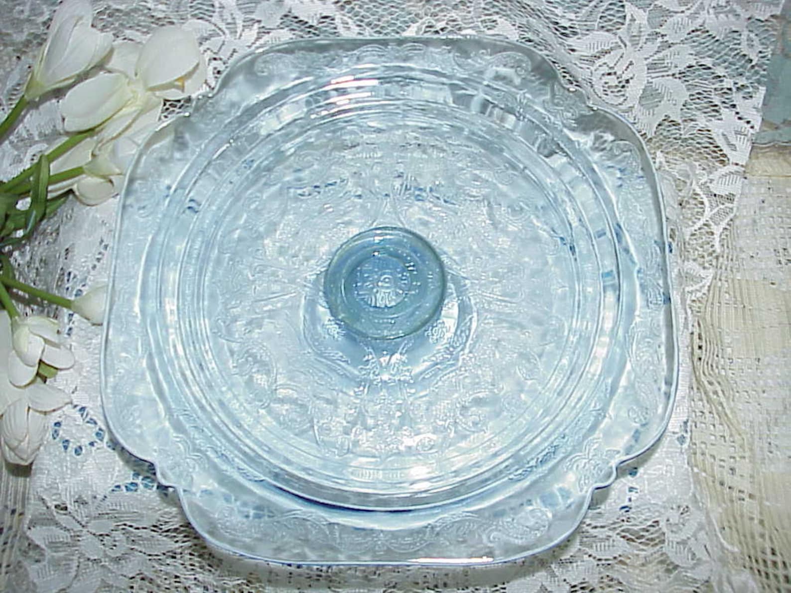 Blue Depression Glass Pedestal Cake Plate Madrid pattern Etsy