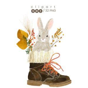 May include: A digital illustration of a light brown rabbit sitting inside a dark brown leather boot with a cream-colored ribbed cuff. The boot features bright orange laces. Behind the rabbit are yellow autumn leaves, wheat, and berries.
