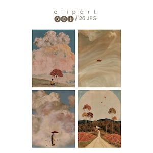 May include: A digital clipart set containing 26 JPG files featuring four distinct artistic scenes: a person under a large cloud, a swirling abstract sky, a person with an umbrella under clouds, and a path leading through trees toward a moon.