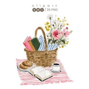 Op de afbeelding: Waterverfillustratie van een picknickscène. Een rieten mand bevat boeken en een boeket bloemen. Een rood-wit gestreept kleed toont croissants, een open boek en een kopje koffie. De afbeelding bevat de tekst "clipart set / 26 PNG".