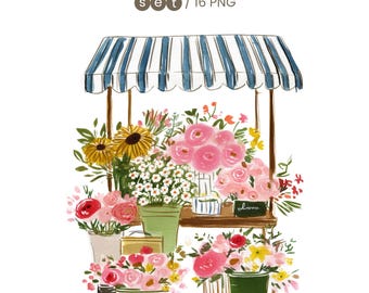 May include: Watercolor illustration of a flower stand with a blue and white striped awning. The stand displays various bouquets of flowers in green and white containers. The text "clipart set / 16 PNG" is at the top.