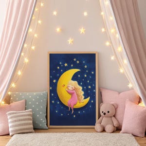 Moon Nursery Wall Art – Sleeping Girl on Crescent Moon, Printable Kids Room Poster, Dreamy Night Sky Digital Download