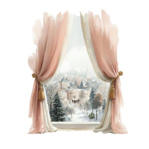 May include: Watercolor painting of a winter scene viewed through a window. Pink and cream-colored curtains are pulled back with gold tassels. The view shows a snow-covered town with buildings and trees.