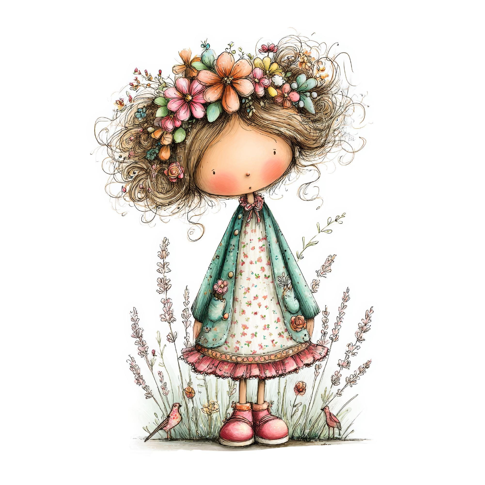 Floral Girl Clipart, Whimsical Illustration (34 Jpgs Digital Download ...