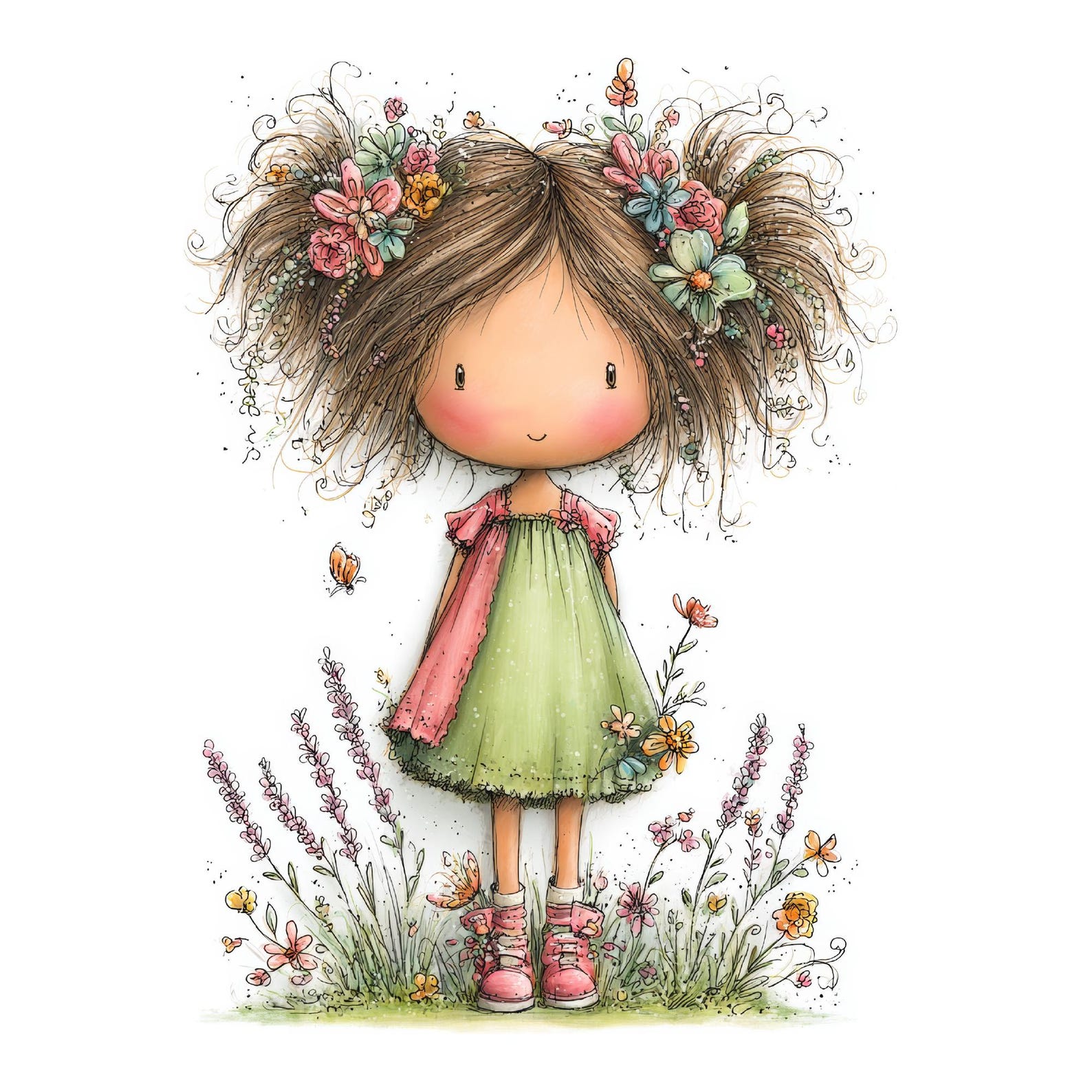 Floral Girl Clipart, Whimsical Illustration (34 Jpgs Digital Download ...