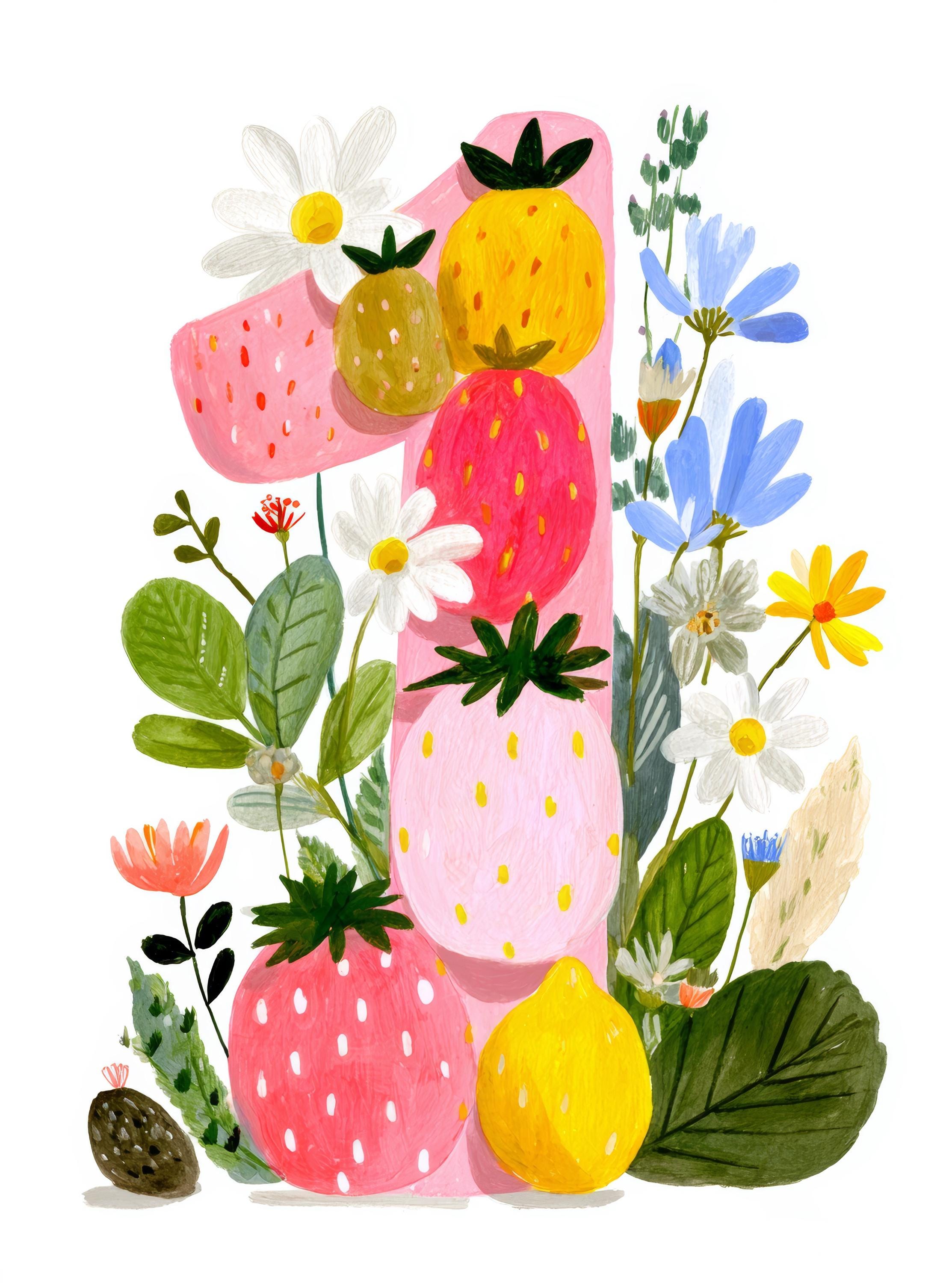 Baby Birthday Clipart: Watercolor Floral & Berry Number 1, Printable ...
