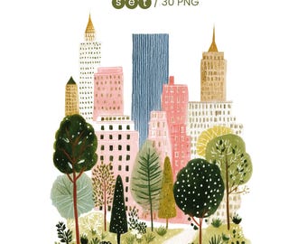 May include: Watercolor illustration of a cityscape with tall buildings in shades of pink, blue, and gold. Trees and a walking path are in the foreground. The text "clipart set / 30 PNG" is at the top.
