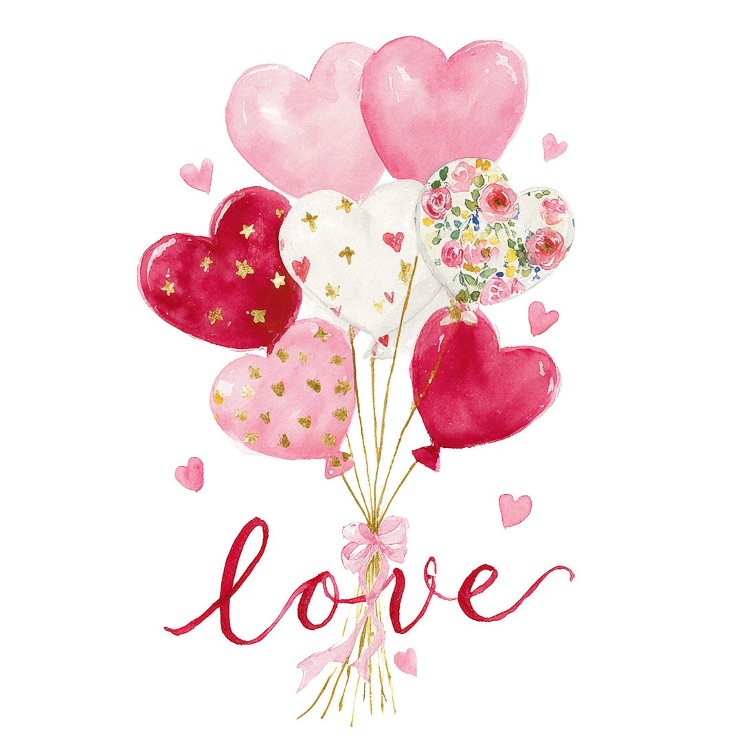 Heart Balloon Clipart: Watercolor Love Balloons, Valentine’s Day Art ...