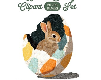 Clipart di coniglietto pasquale: animale primaverile, cestino pasquale e uova, JPG stampabili (download digitale)