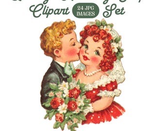 Vintage Wedding Couple Clipart: Retro Bride & Groom, Printable JPGs (Digital Download)