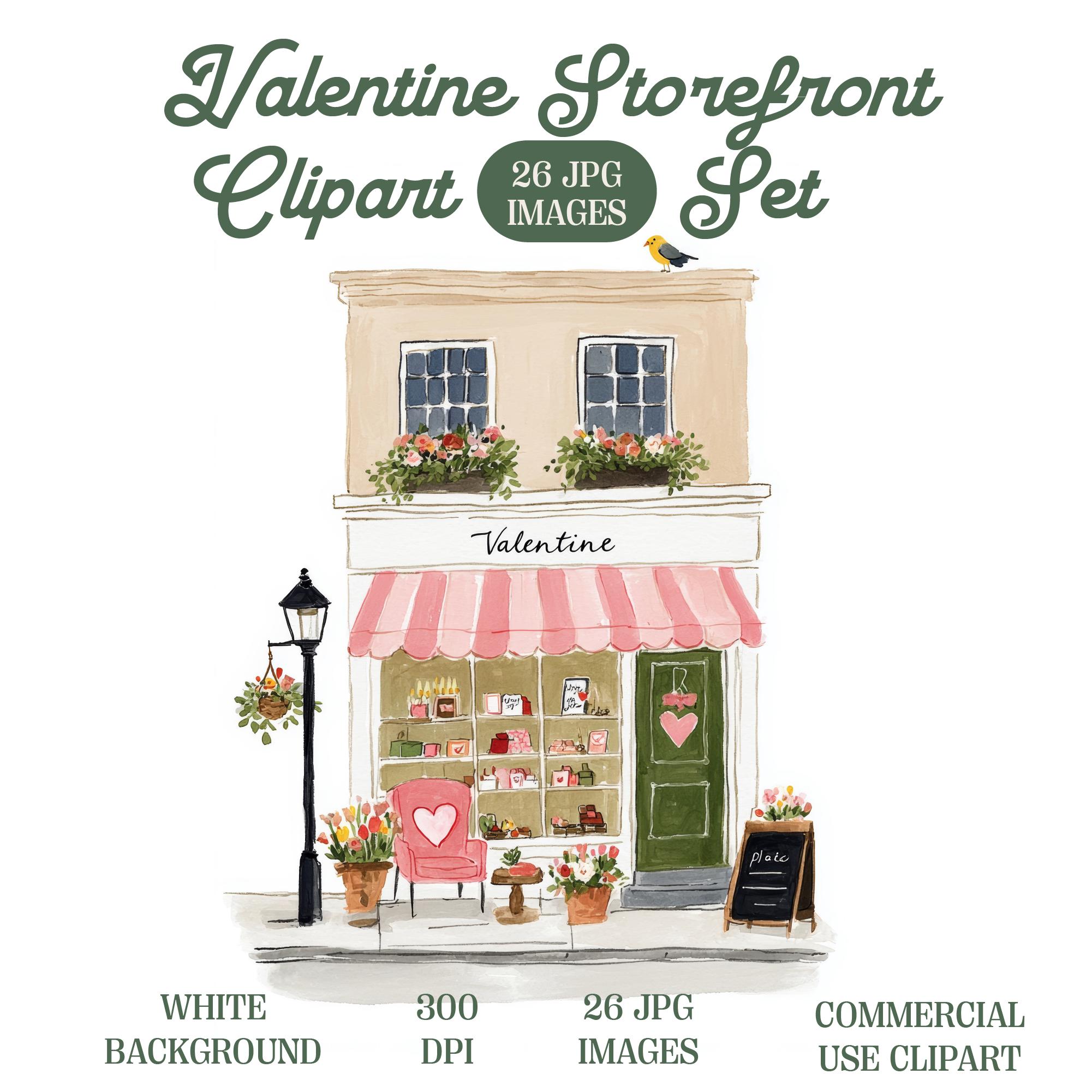 Valentine Storefront Clipart: Romantic Shop Facades, Floral Café ...