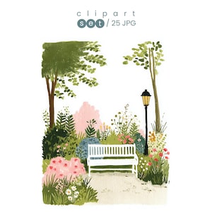 May include: A digital illustration of a park scene with a white bench, a black lamppost, and various plants and flowers. The scene includes trees, bushes, and a pathway. The text "clipart set / 25 JPG" is at the top.