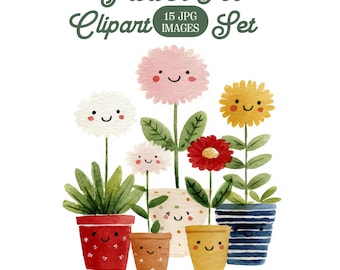 Puede incluir: Conjunto de imágenes prediseñadas de macetas de acuarela con flores sonrientes en varios colores, incluyendo rosa, amarillo y rojo. Las macetas están decoradas con caras y patrones lindos. La imagen incluye el texto "Flower Pot Clipart Set".