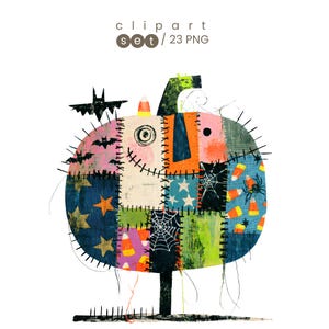 May include: A digital illustration of a patchwork pumpkin featuring various Halloween patterns including bats, spiderwebs, stars, and candy corn. The pumpkin is constructed from multicoloured fabric squares stitched together with visible black thread.