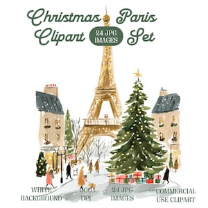 May include: A watercolour illustration depicting a Christmas scene in Paris. The Eiffel Tower is central, with a decorated Christmas tree and buildings in the foreground. Text reads "Christmas Paris Clipart Set".
