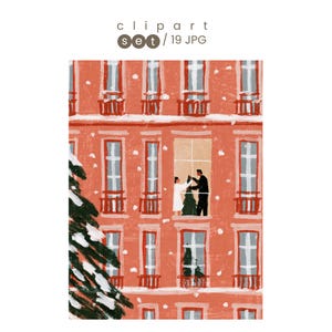 Op de afbeelding: Een digitale illustratie van een terracotta-kleurig gebouw tijdens een sneeuwbui. Eén raam toont twee figuren die binnen een kerstboom versieren. De tekst bovenaan luidt clipart set / 19 JPG. Een grote dennenboom staat op de voorgrond.