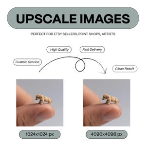 May include: Image promoting "UPSCALE IMAGES" for Etsy sellers, print shops, and artists. Features a tiny puppy on a fingertip, with options for 1024x1024 px and 4096x4096 px. Includes icons for custom service, high quality, fast delivery, and clean results.