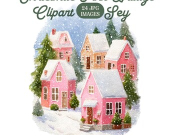 Christmas Pink Village Clipart, Cottagecore Houses,Printable JPGs (Digital Download)