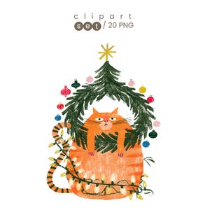 Julkatt Clipart, Roliga Julkatter, Nyckfull Julkonst, 20 PNG-bilder | Digital nedladdning