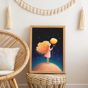 Little Dreamer on a Planet - Druckbare Kinderzimmer Wandkunst für Mädchen, Wunderliche Sternennacht Poster, digitaler Download für Baby, Kinderzimmer Dekor