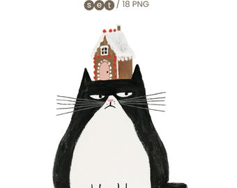 Imágenes prediseñadas de gatos navideños, gato esmoquin negro, animal navideño en acuarela, 18 imágenes PNG / Descarga digital
