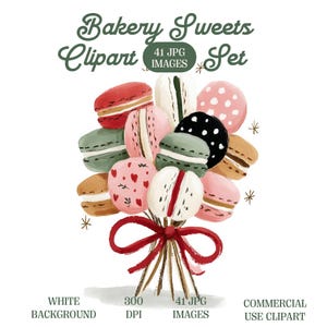 Może przedstawiać: Akwarelowa ilustracja bukietu kolorowych makaroników. Makaroniki są w różnych kolorach, w tym czerwonym, różowym, zielonym i brązowym, i są związane czerwoną wstążką. Obraz zawiera tekst "Bakery Sweets Clipart Set".