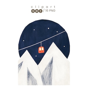 Puede incluir: Una ilustración digital con un cielo nocturno circular azul oscuro, pequeñas estrellas blancas y una línea blanca fina. Un pequeño teleférico naranja cuelga de la línea sobre picos de montañas blancas con sombreado azul oscuro. Texto: clipart set / 16 PNG.