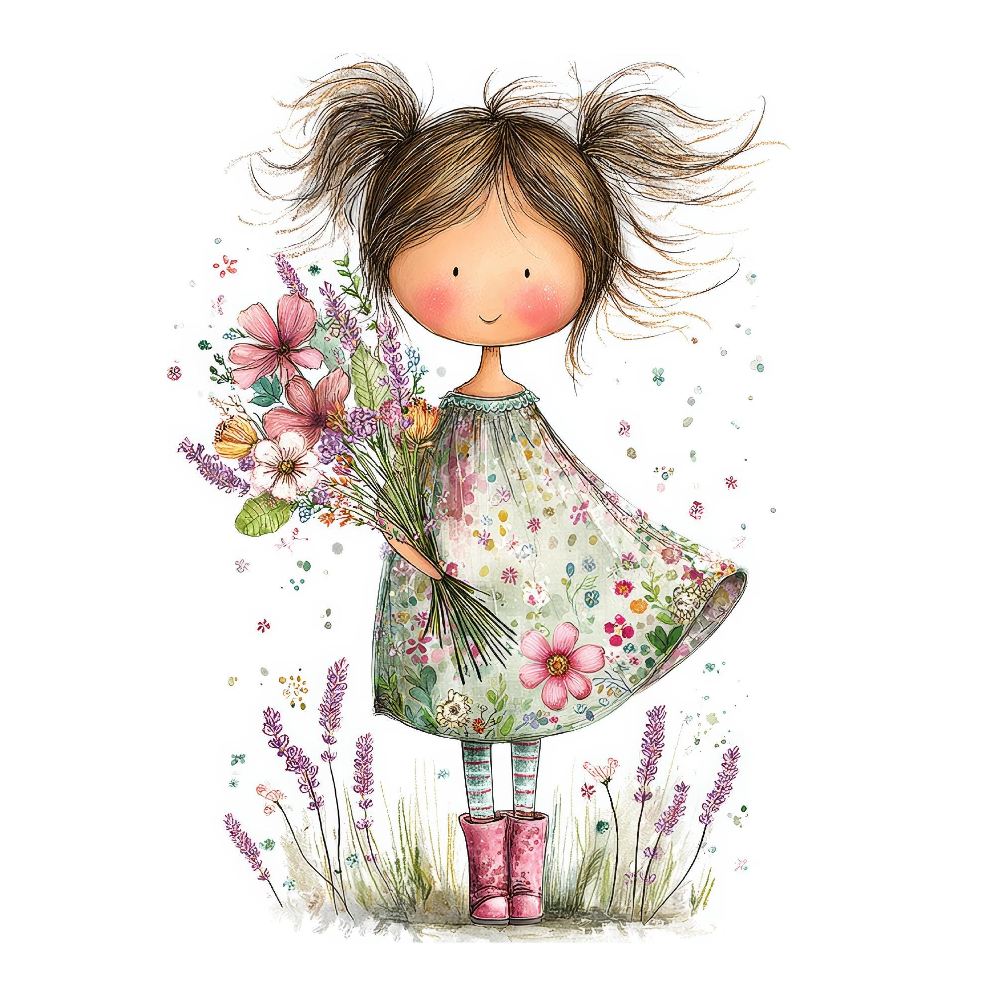 Floral Girl Clipart, Whimsical Illustration (34 Jpgs Digital Download ...