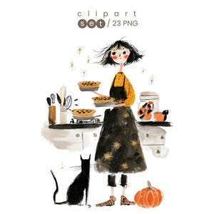 Halloween Witch Clipart, Whimsical Bookish Witch, Cottagecore Black Cat & Pumpkin, 23 PNGs | Digital Download