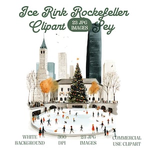 Può includere: Illustrazione ad acquerello della pista di pattinaggio del Rockefeller Center con pattinatori, un albero di Natale decorato e gli edifici della città. L'immagine include il testo "Ice Rink Rockefeller Clipart" e altri dettagli.