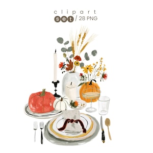 May include: A digital illustration of a table setting featuring pumpkins, a white vase with dried wheat and flowers, a tall candle in a black holder, plates, a napkin with a dark red ribbon, a glass, a fork, a knife, and a spoon. Text reads clipart set / 28 PNG.