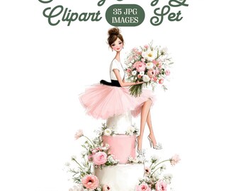 Birthday Party Girl Clipart: Pink Elegant Girl, Printable Watercolor JPGs (Digital Download)