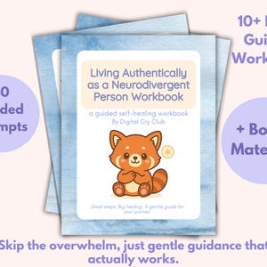 Peut inclure: Plusieurs cahiers avec un fond bleu façon aquarelle. La couverture présente un panda roux de dessin animé et le texte "Living Authentically as a Neurodivergent Person Workbook". Le texte supplémentaire comprend "40 Guided Prompts" et "+ Bonus Material!"