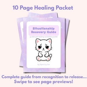 Peut inclure: Un paquet de guérison de 10 pages intitulé "Guide de récupération des situations". La couverture présente une illustration de chat de dessin animé triste. Le guide est décrit comme un paquet de feuilles de travail d'auto-guérison guidé.