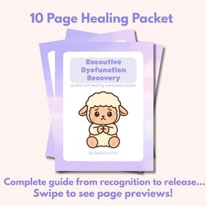 Könnte beinhalten: Ein Stapel lila und weißer Arbeitsblätter mit dem Text "Executive Dysfunction Recovery" und einer Cartoon-Schaf-Illustration. Der Text "10 Page Healing Packet" steht oben. Der Text unten lautet "Complete guide from recognition to release... Swipe to see page previews!"