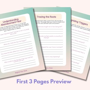 May include: Three-page preview of a journal with a teal and pink gradient background. The pages have prompts about understanding abandonment fear, tracing its roots, and recognizing triggers. The text "First 3 Pages Preview" is at the bottom.