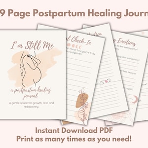 Puede incluir: Un diario de curación posparto de 169 páginas con el texto "I'm Still Me" y un dibujo lineal de una persona embarazada. El diario incluye indicaciones para la autorreflexión y los controles emocionales. La portada tiene un diseño estilo acuarela.