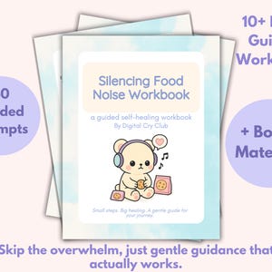 Könnte beinhalten: Ein Stapel Arbeitsbücher mit dem Titel "Silencing Food Noise Workbook" mit einer niedlichen Bärenillustration. Das Cover zeigt den Text "40 Guided Prompts", "10+ Page Guided Workbook" und "+ Bonus Material!". Der Hintergrund ist hellblau mit Aquarell-Effekten.