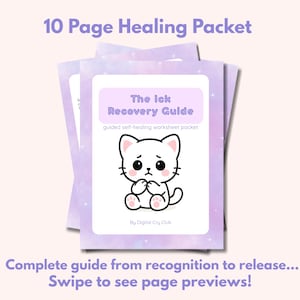 Puede incluir: Un paquete de folletos de trabajo de autocuración morados y blancos. La portada del folleto superior presenta un gato de dibujos animados triste y el título "The Ick Recovery Guide". El texto en la parte superior dice "10 Page Healing Packet".