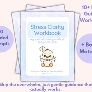 Op de afbeelding: Een stapel werkboeken met de titel "Stress Clarity Workbook" en een eendenillustratie. Het werkboek belooft 40 begeleide prompts, 10+ pagina's en bonusmateriaal. De tekst luidt "Skip the overwhelm, just gentle guidance that actually works."