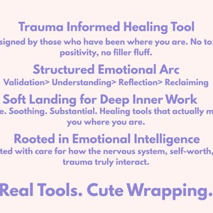 Op de afbeelding: Een lichtpaarse afbeelding op een lichtroze achtergrond. De tekst luidt "Trauma Informed Healing Tool", "Structured Emotional Arc", "Soft Landing for Deep Inner Work", "Rooted in Emotional Intelligence" en "Real Tools. Cute Wrapping."