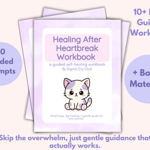May include: A stack of workbooks with the title "Healing After Heartbreak Workbook" and a cartoon cat illustration. The workbook includes 40 guided prompts and bonus material. The text reads "Skip the overwhelm, just gentle guidance that actually works."
